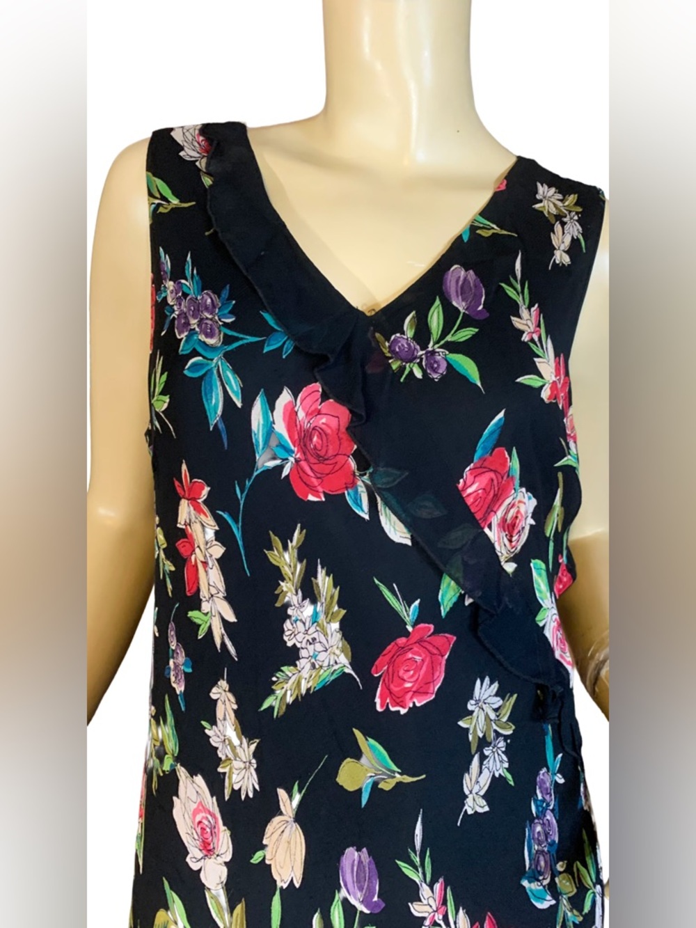 VINTAGE Y2K BLACK MULTI-COLOR FLORAL PRINT W/LACE RUFFLE CHIFFON SILK DRESS (L) - Picture 6 of 12